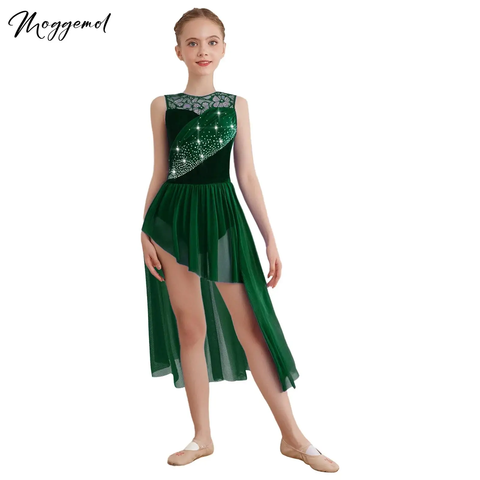 

Детский балетный лирический танцевальный костюм для девочек, кружевное лоскутное платье с рюшами и сетчатым наложением, асимметричный подол, стразы, платье из джерси для вальса, танго