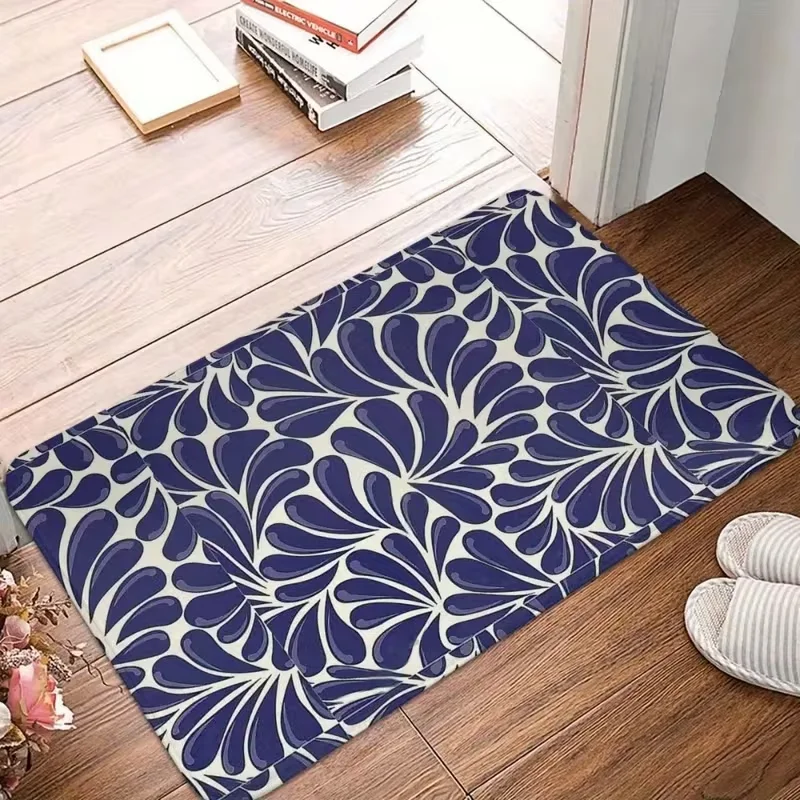 Retro Navy Blue Abstract Leaf Floral Door Mat Non Slip Floor Rug Vintage Botanical Geometric Print Entrance Carpet For Hallway
