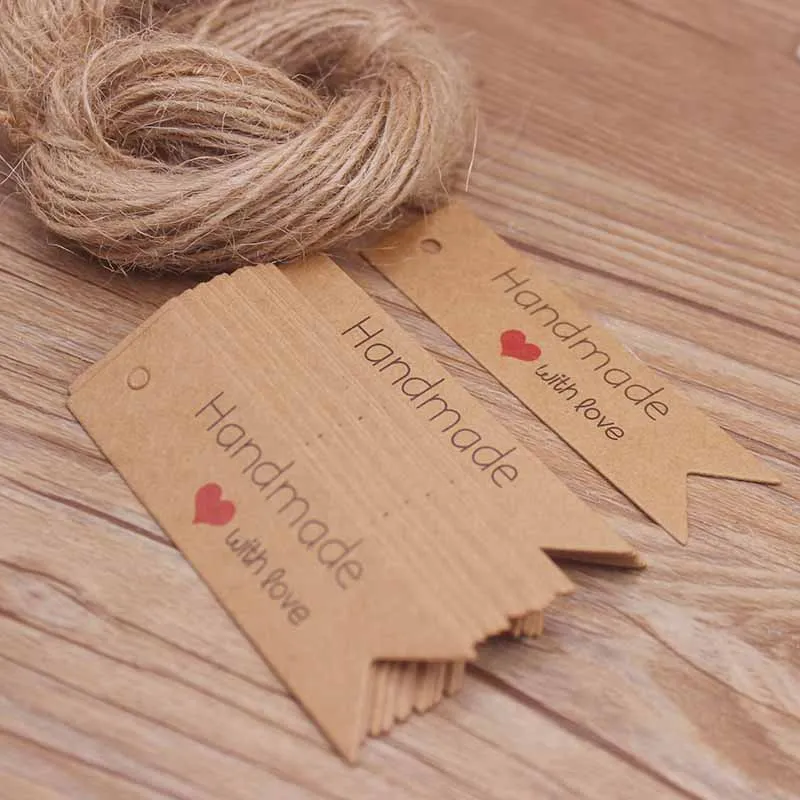 50 pezzi 2x7cm etichette regalo in carta kraft marrone/bianca con corda da 10 metri, etichette di carta di ringraziamento per matrimoni, docce per