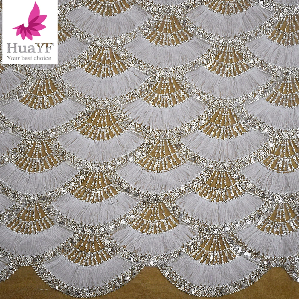 1 Yard Dubai 2024 New Coiling Embroidery Silver-White Sequined Lace with Beads Pearl Lady Clothing fabric HY2732