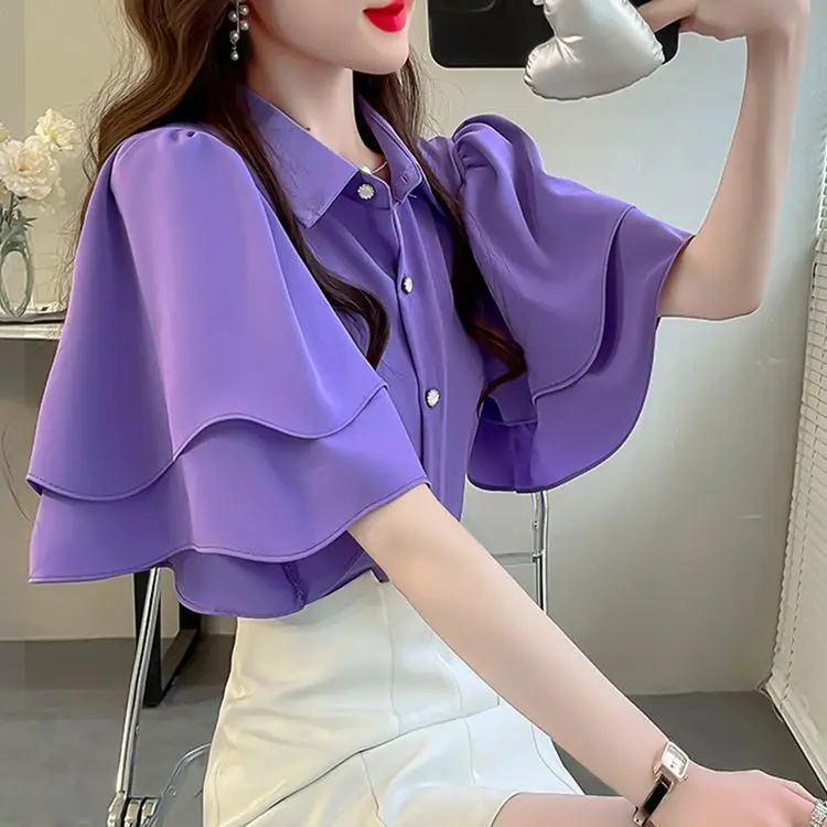 

French Lady's Summer Loose Shirt Women's New Loose Blouse Solid Color Ruffle Short Sleeve Chiffon Top