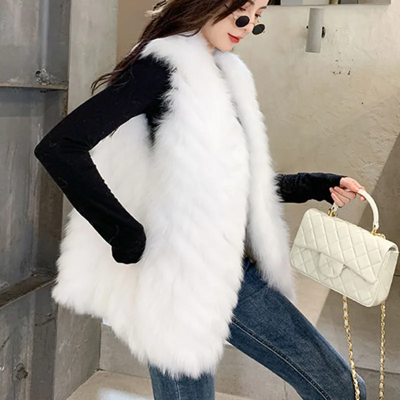 Autumn Winter Fur Vest Women Thicken Warm Plush Sleeveless Jackets Female Mid Long Waistcoat Woman clothing outwear