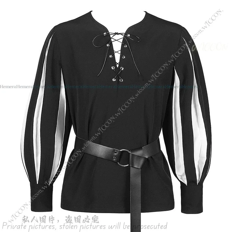 هالوين الرجعية القرون الوسطى الدراما زي مطابقة اللون التعادل قميص تأثيري بلوزة حزام المهرجانات السوداء حفلة تنكرية يتوهم