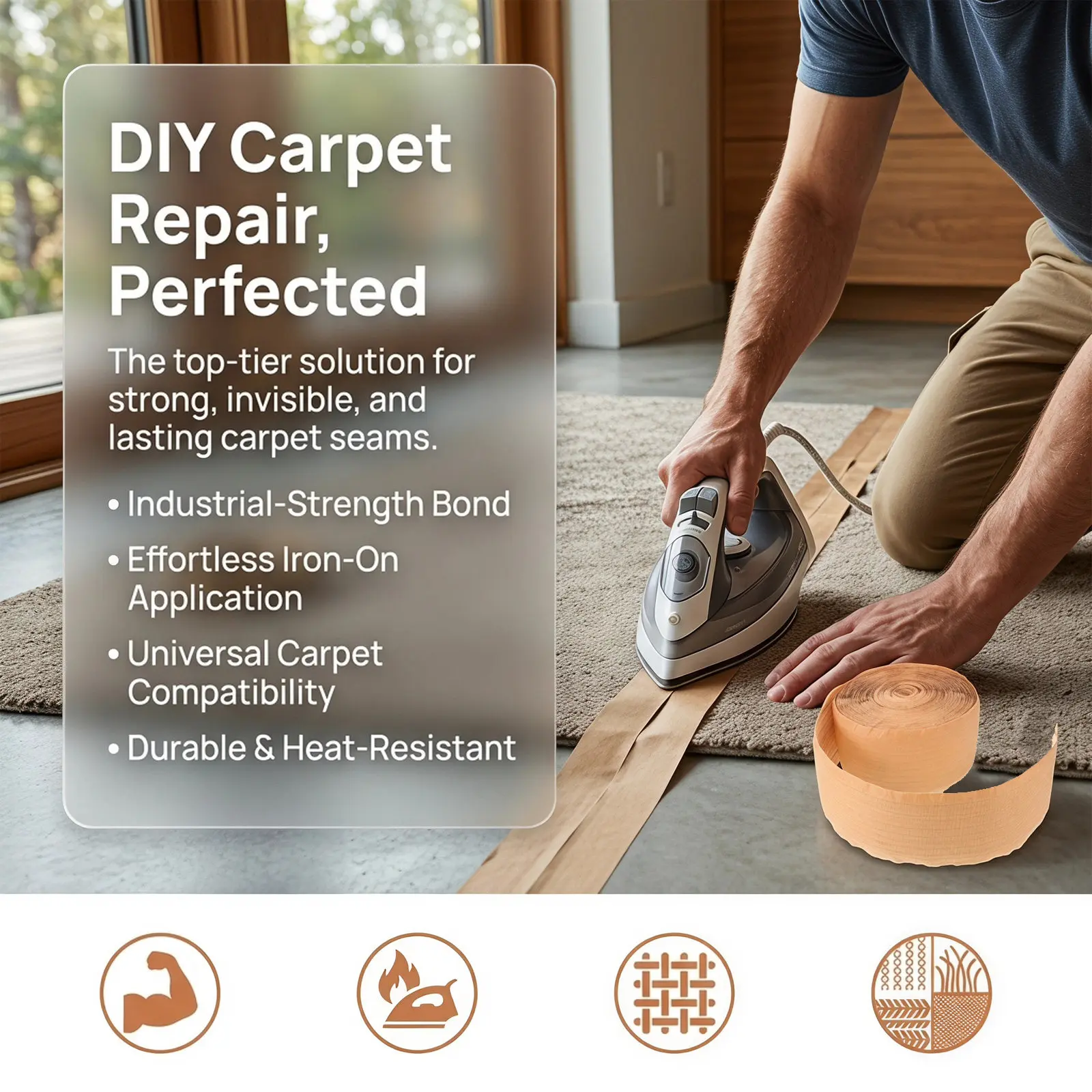 1 Roll Carpet Joining Seam Heat Tape Polyester Hot Melt Strong Bond Tape for Rug Joining Installation Living Room Bedroom Office