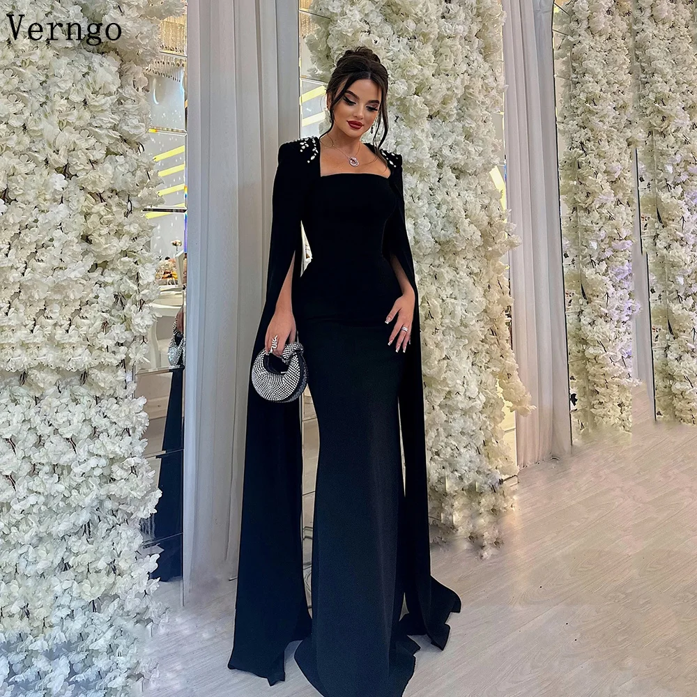 

Verngo Black Crepe Sequined Evening Dress Square Collar Mermaid Prom Gowns Women Elegant Dubai Formal Party Dresses Customized