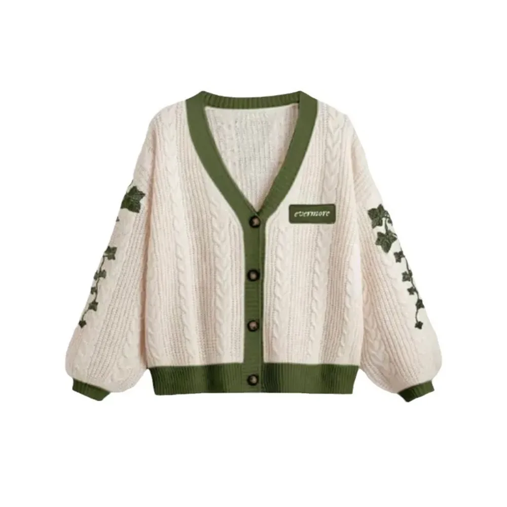 Women Fall Winter Vintage Outfit Green Vine Embroidered Button Down Cable Knit Sweater Cardigan Taylor Version Sweater