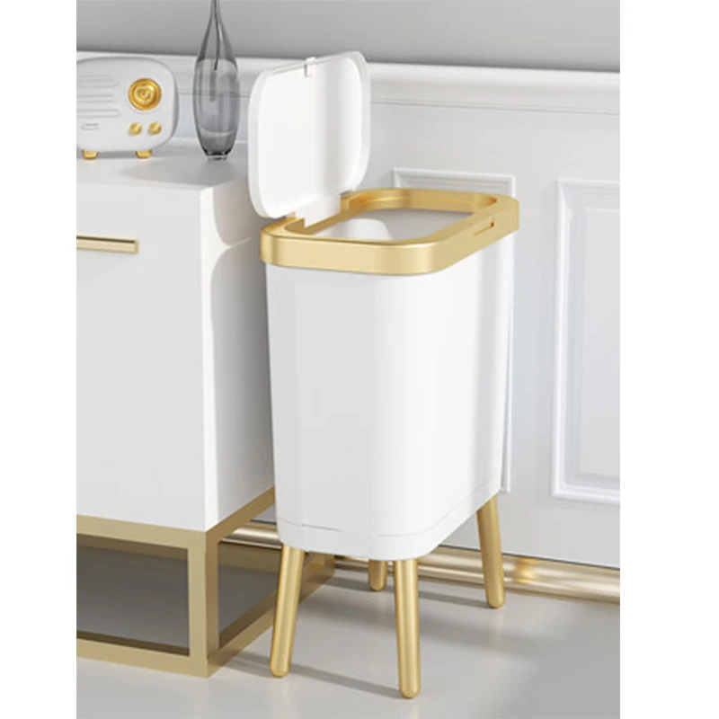 15L Large-capacity Golden Luxury Trash Can for Kitchen Bathroom Creative High-foot Press Type Plastic Waste Bins with Lid