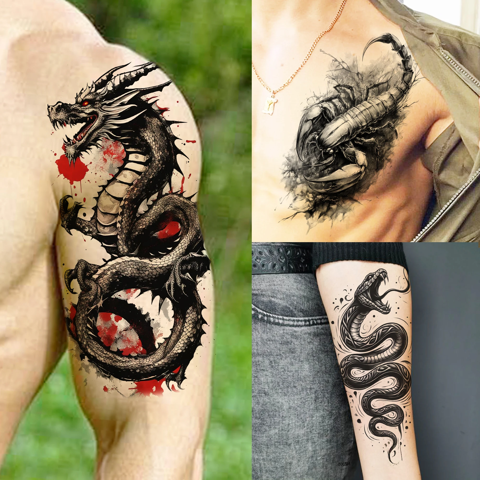 

1 Sheet Waterproof Fierce Dragon Temporary Tattoos For Men Women Realistic Snake Scorpion Fake Tattoo Sticker Arm Leg Tatoos DIY