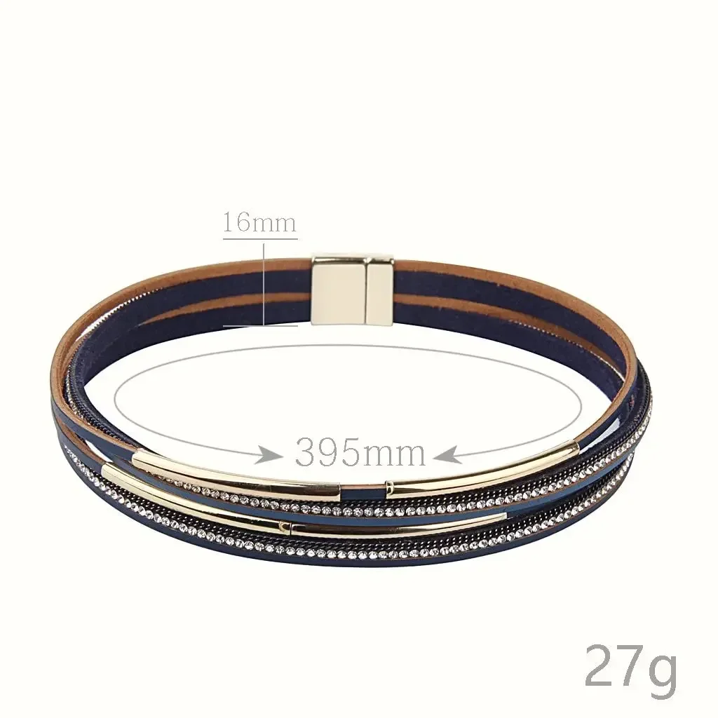 Multilayer Leather Bracelet Wrap Crystal Bracelet Magnet Buckle Metal Bangle for Women Men Vintage Jewelry Gift Wholesale