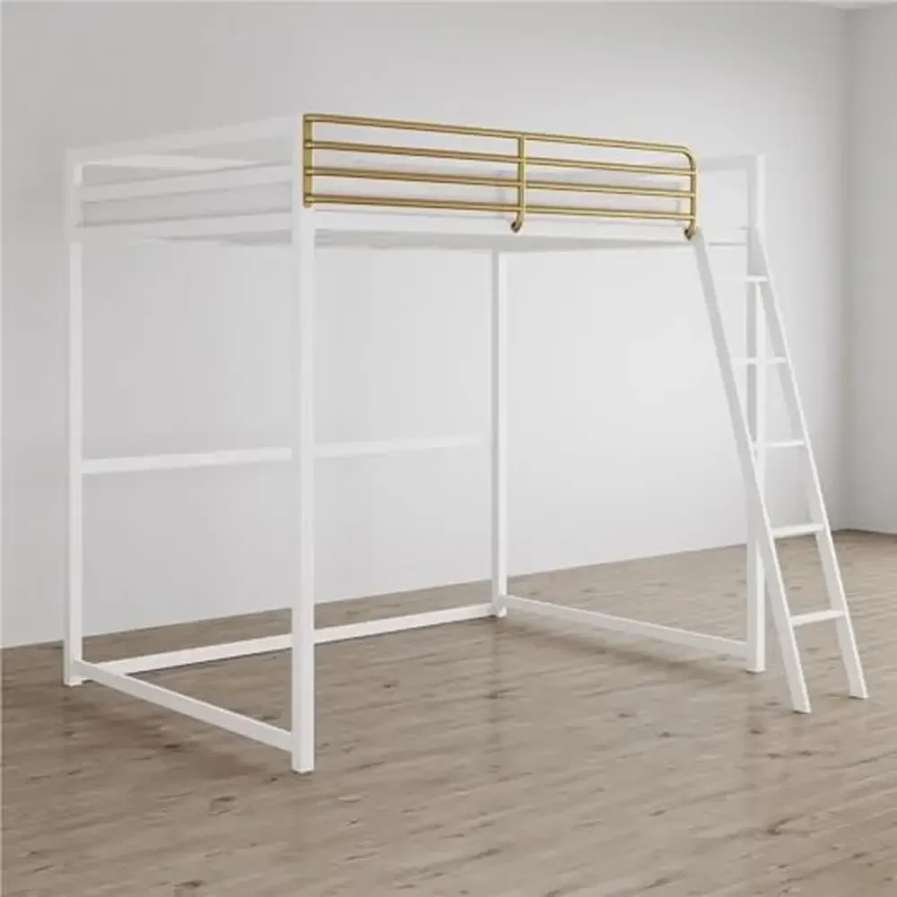 Metal Loft Bed Full Size White/Gold Guardrails Ladder Study Play Space Solution Mattress Sold Separately Easy Assembly 79.5