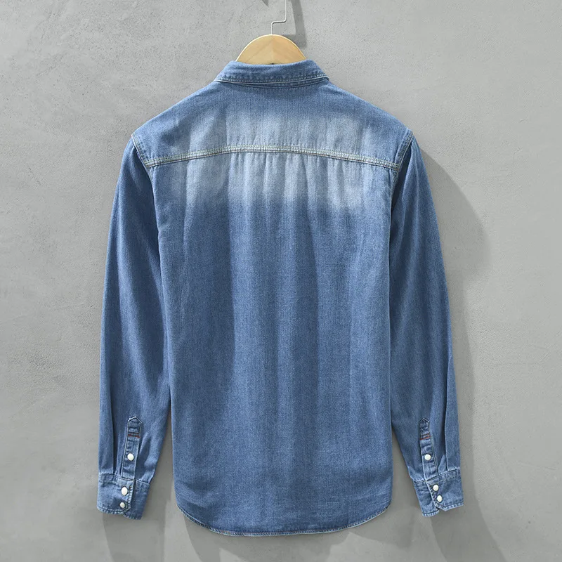 Retro Denim Shirt, Long Sleeve Trendy Versatile Gradient Casual Men\'s Clothing Shirt Coat