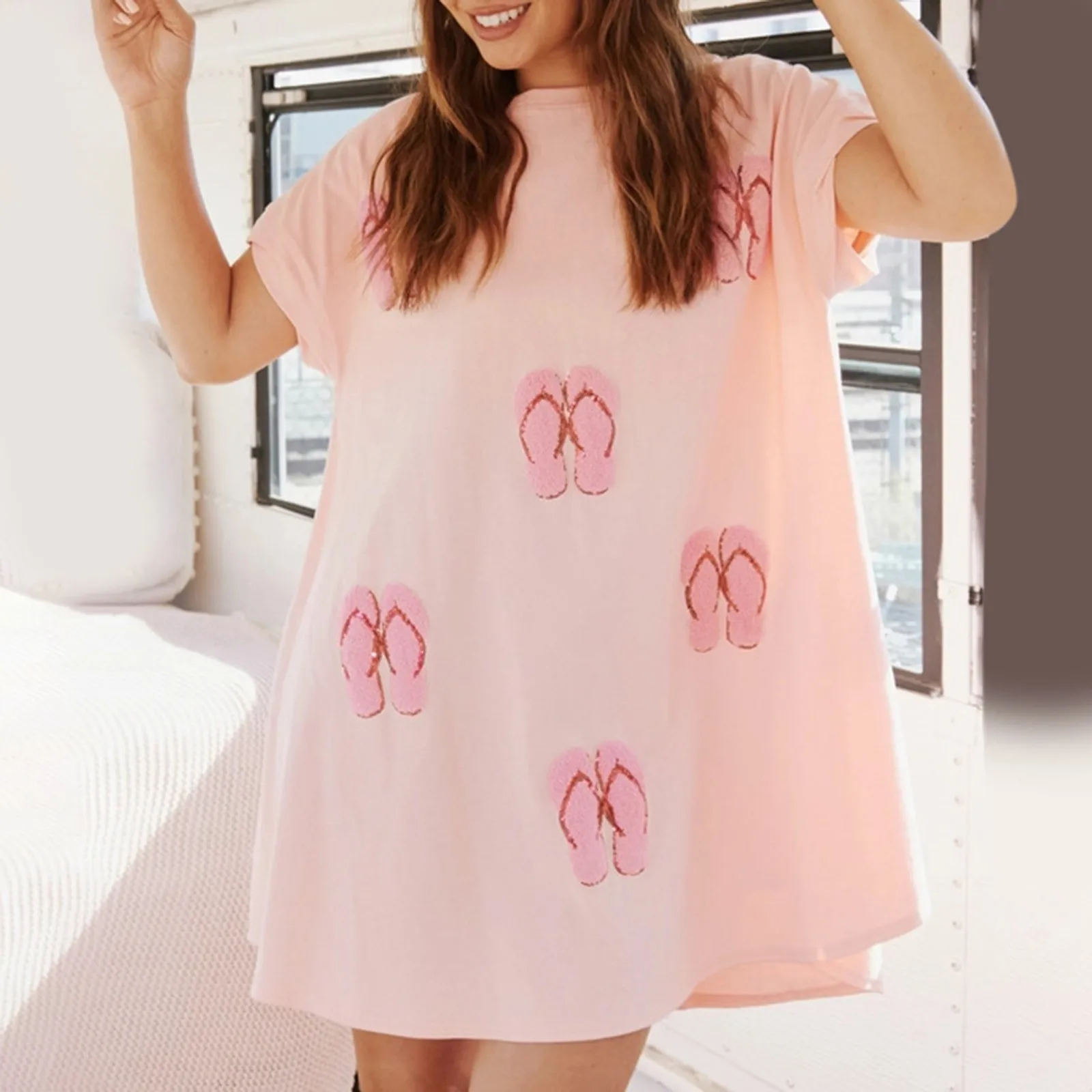 

Women Pink Loose Cute Sequin Shirts Dress Fashion Short Sleeve Mini Blouse Woman Clothes 2024 New Summer Dress Vestidos Femme