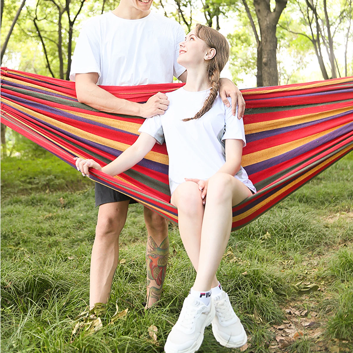 

190x150cm Outdoor Canvas Hammock Foldable Stripe Anti-Roll Design Leisure Swing Suitable for Camping Backpacking Travel
