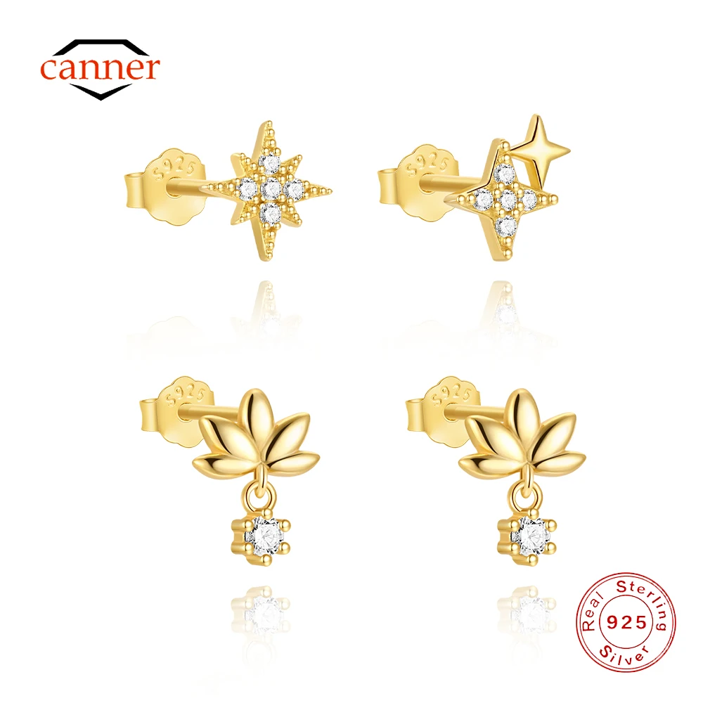 

CANNER 925 Sterling Silver Smooth Lotus Eight pointed Star Stud Earrings For Women Simple Earrings Gift boucles d'oreilles femme