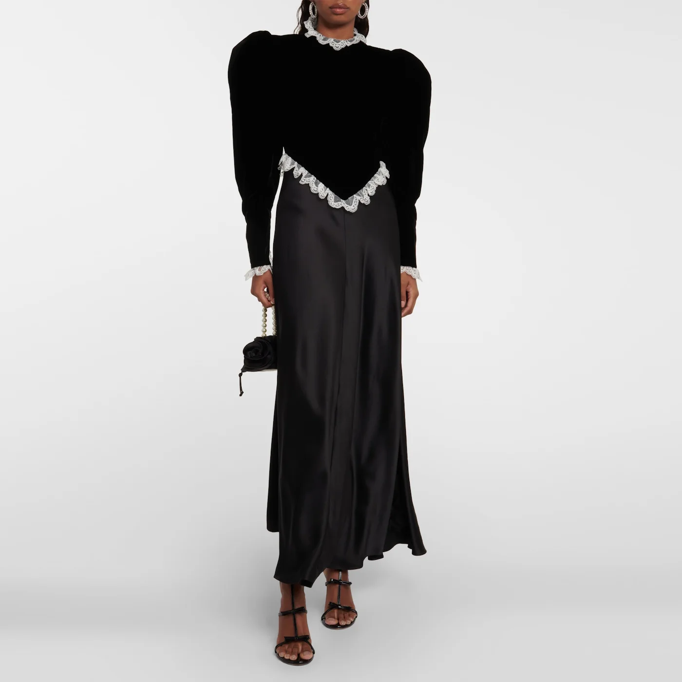 ROSELLA Black Evening Dresses Lace O Neck Puff Sleeves Prom Gowns Ankle Length A Line Formal Occasion Dress