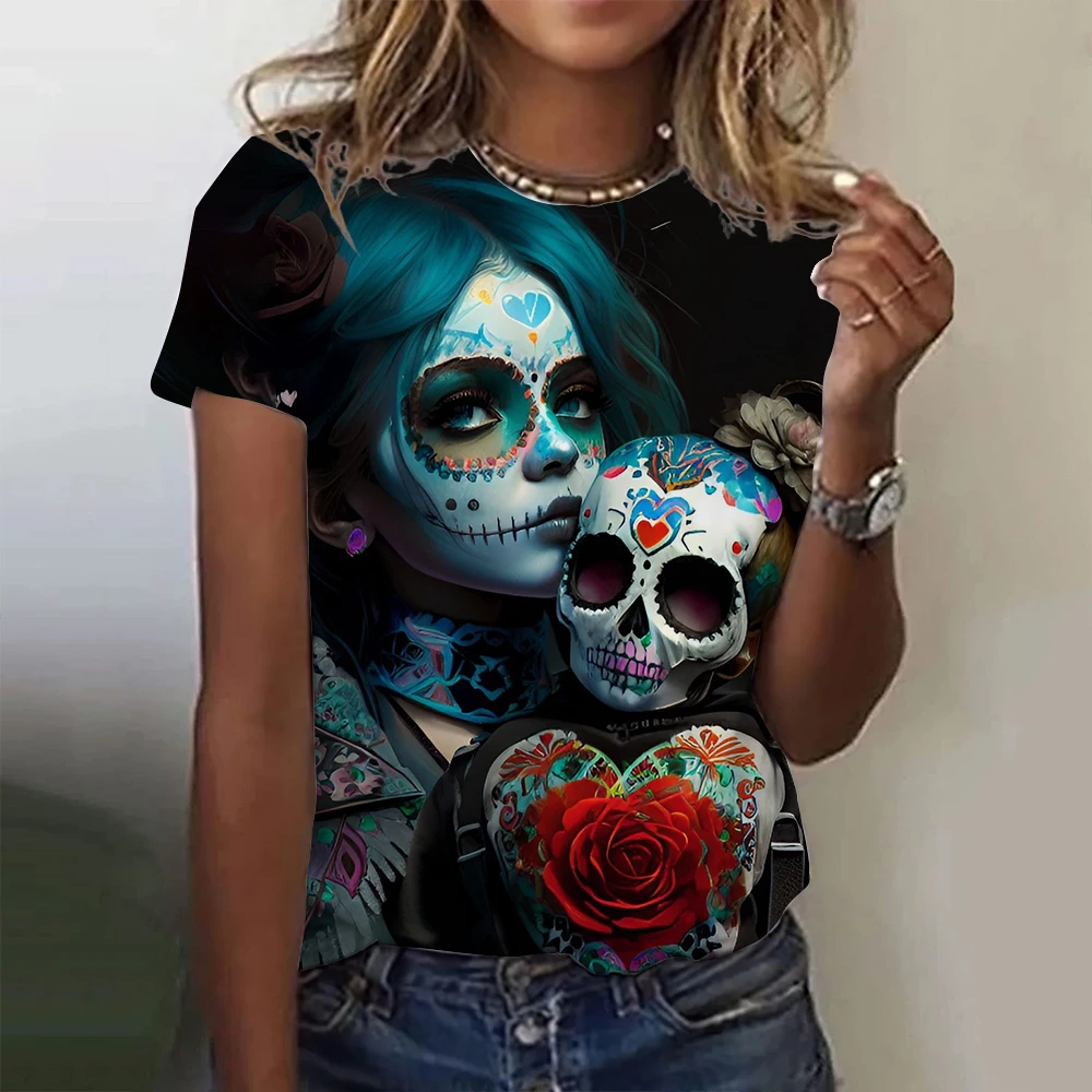 Women\'s T-shirt for Girls Summer Short Sleeve Casual Fashion  Sexy Girls Clothes Horror Undead Skull Pattern oversized T-shirts