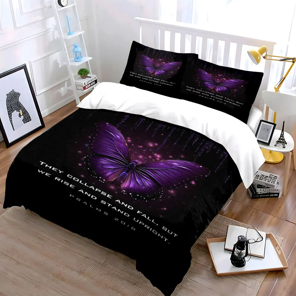 3Pcs Dark Purple Glow Butterfly Bible Quote Bedding Set, Psalm 20:8 Scripture Print Duvet Cover 2 Pillowcases King Queen, Gift