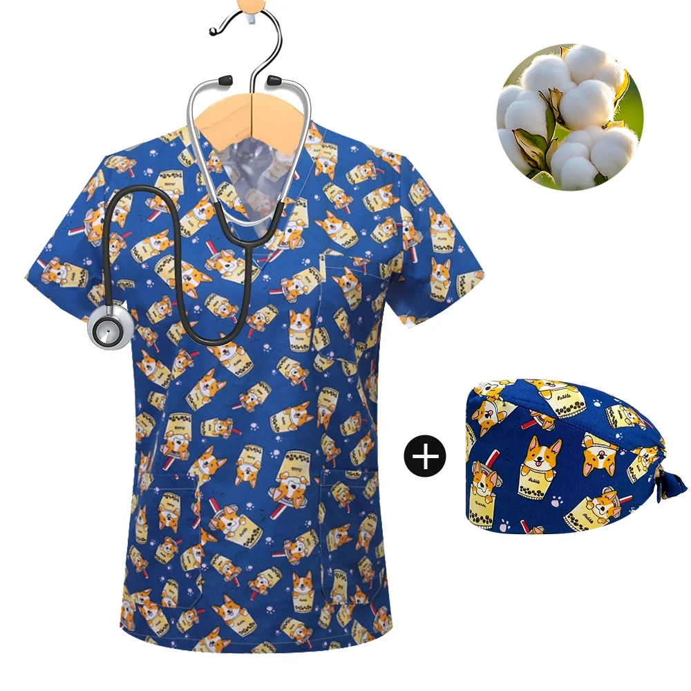 

Women Nurse Uniform Dog Pattern 3D Print V-Neck Pocket Medical Uniforms Fashion Nursing Scrubs Uniforme Women's Work Wear