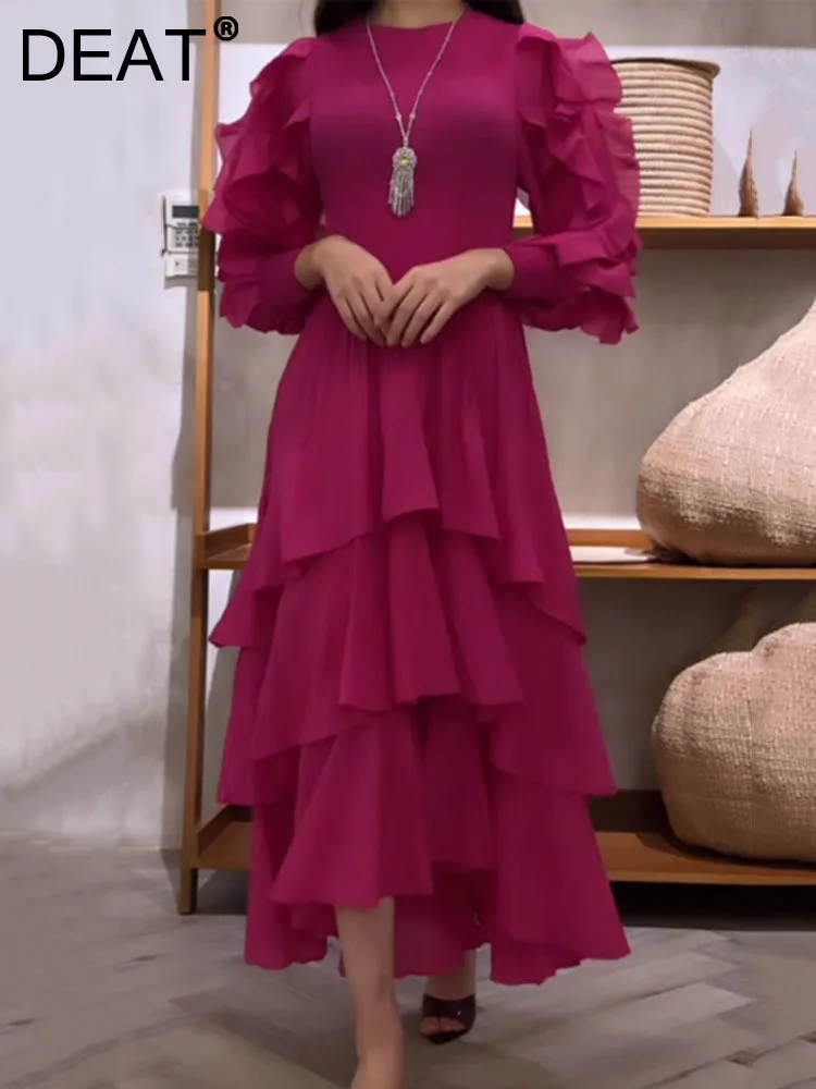 DEAT Patchwork Ruffles Pleated Dress Women Chic Style Fashion Round Collar Full Sleeve A Line Irregular Hem Elegant 15KB3040