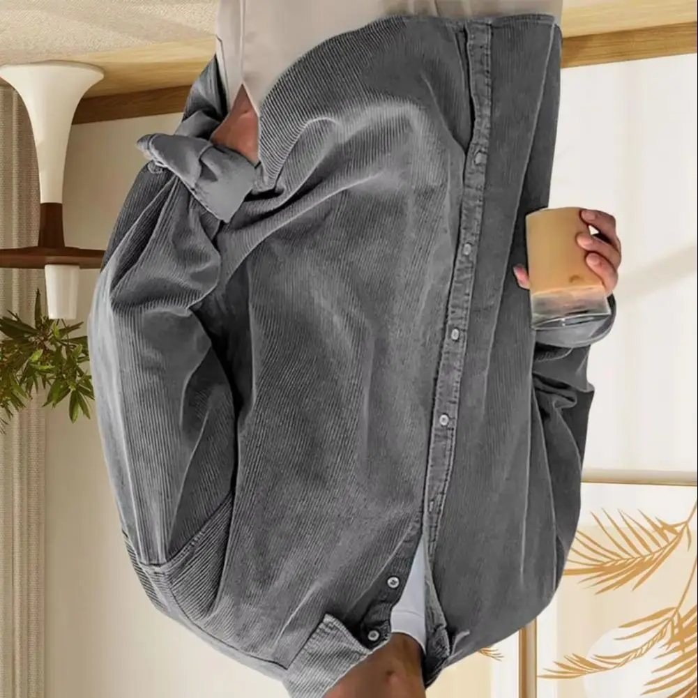 

Men Lapel Collar Shirt Long Sleeve Single Breasted Shirt Coat Solid Color Loose Fit Ribbed Texture Casual Shirt Outerwear Daily