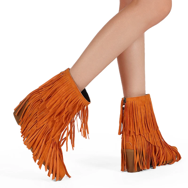 Large Size 42 43 Women Retro Ethnic Western Cowboy Booties Block High Heels Tassel Fringe Ankle Boot Lady Autumn Shoes Footwear