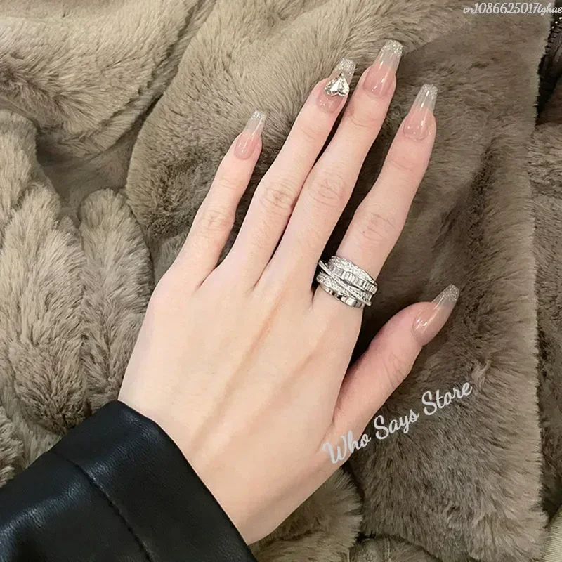 Korea New Fashion Jewelry Exquisite Silver Color Zircon Ring Elegant Women\'s Opening Adjustable Wedding Gift Luxury Accessory