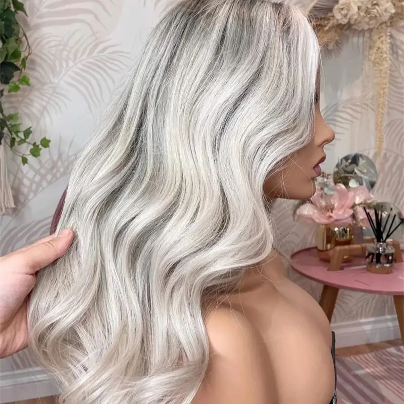 Peluca de cabello humano para mujer, postizo de encaje frontal, color gris claro y plateado degradado, encaje transparente, densidad de 180, 22 pulgadas, prearrancado