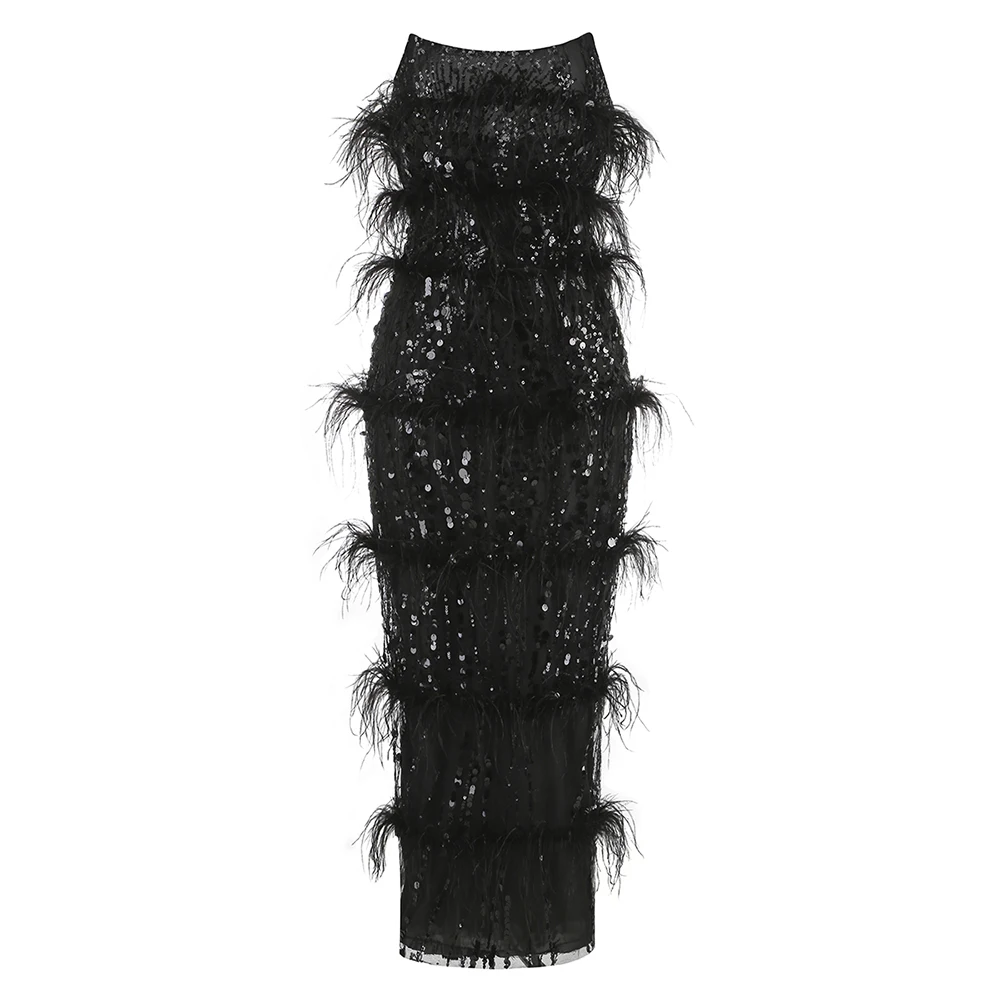 Sexy trägerloses, rückenfreies, mit Pailletten besetztes Midikleid für Abschlussball, ärmelloses Feder-Maxikleid, Cocktail-Geburtstags-Abend-Partykleid