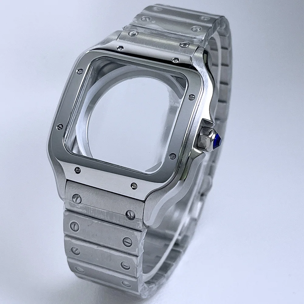 38mm silver square case stainless steel watch accessory Santos modified parts NH35 NH36 movement compatible with 27MM dial