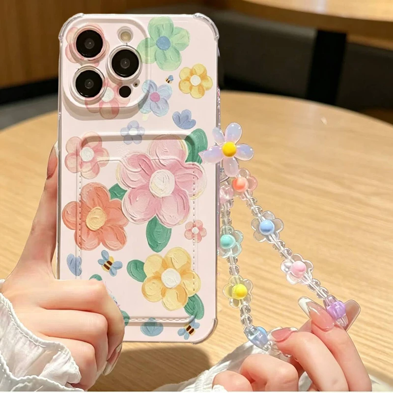 Wallet Card Holder Case For Samsung Galaxy A14 A24 A35 A34 S21 Ultra S22 Plus S20 FE A23 A05 A05S A04 A32 A52 Flower Chain Case