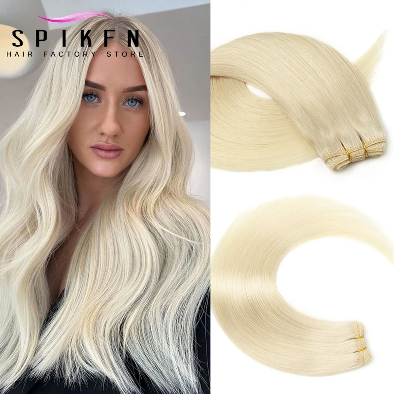 

Platinum Blonde 60# Human Hair Weaves Sew In Double Weft 12-24 inches Real Natural Blonde Human Hair Bundles 50g SPIKFN Hair