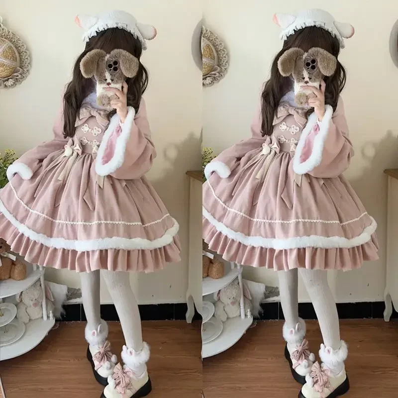 Warm Winter Lolita Bow Dress For New Year's JSK Sling Dress Two Piece Set Sweet Girl Princess Party Dress