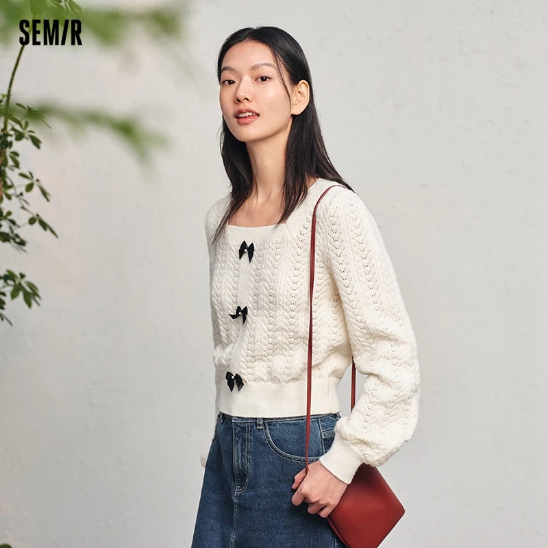 Semir 2024 Sweater Women Short Square Neck Bow Sweet Girly Spring New Gentle Slim Textured Top