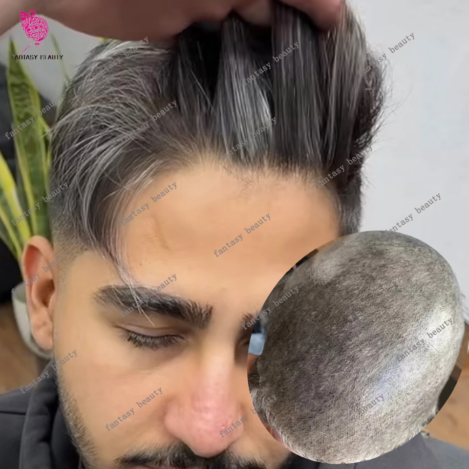 

1b30 1B80 Серый Черный Мужской Протез Волос Полная Кожа База Парик Мужские Прочные Парики 6 # Каштаново-коричневая система человеческих волос Remy