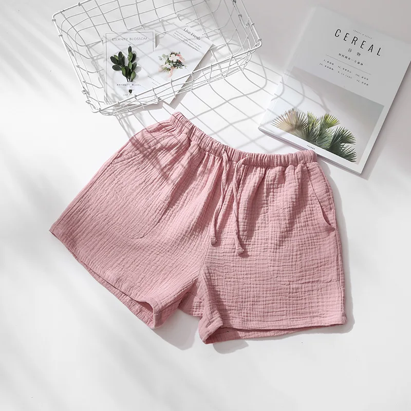 Summer Couples Sleep Pants 100% Cotton Crepe Pajama Shorts Men and Women Elastic Waist Sleep Bottoms Solid Sleeping Shorts 2020