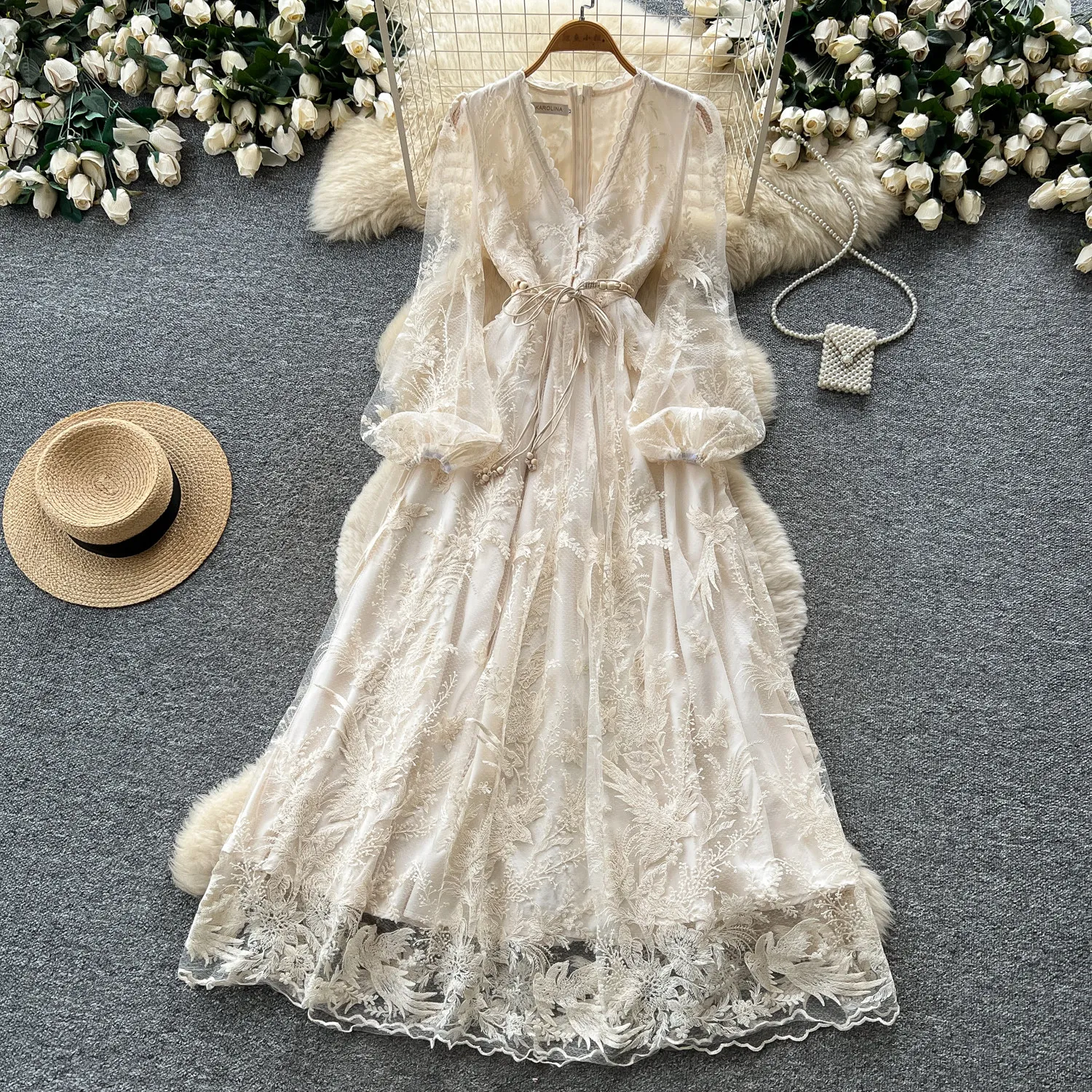Elegantes, schickes Maxikleid mit Stickerei, V-Ausschnitt, A-Linie, lässig, Laternenärmel, Vestidos, Herbst, Urlaub