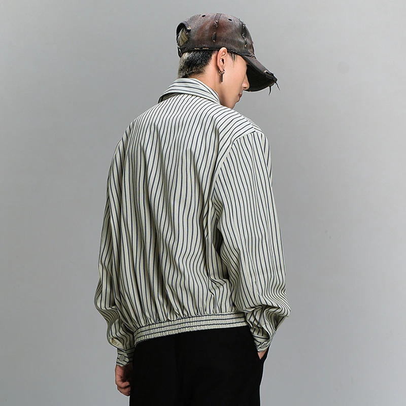 PFNW American Stripe Lapel Zipper Design Shirt Men\'s Vintage New Long Sleeve Clothing Trendy 2024 Autumn Loose Male Tops 28W4718