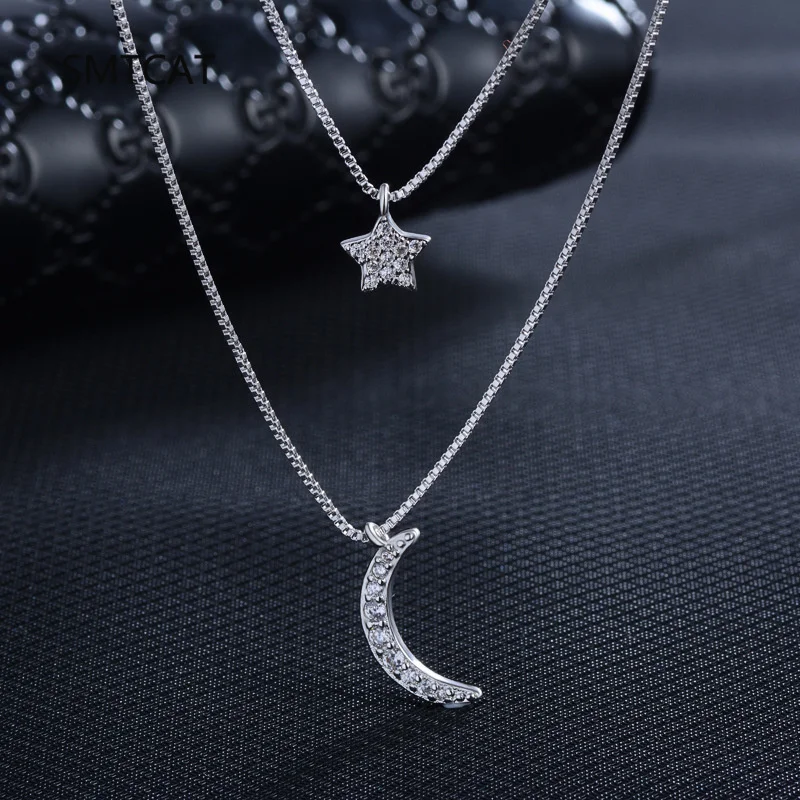 925 Silver Full Moissanite Necklace for Women Double Layer Star&Moon Pendant Necklace Choker Colar Chain Fine Jewelry Gifts