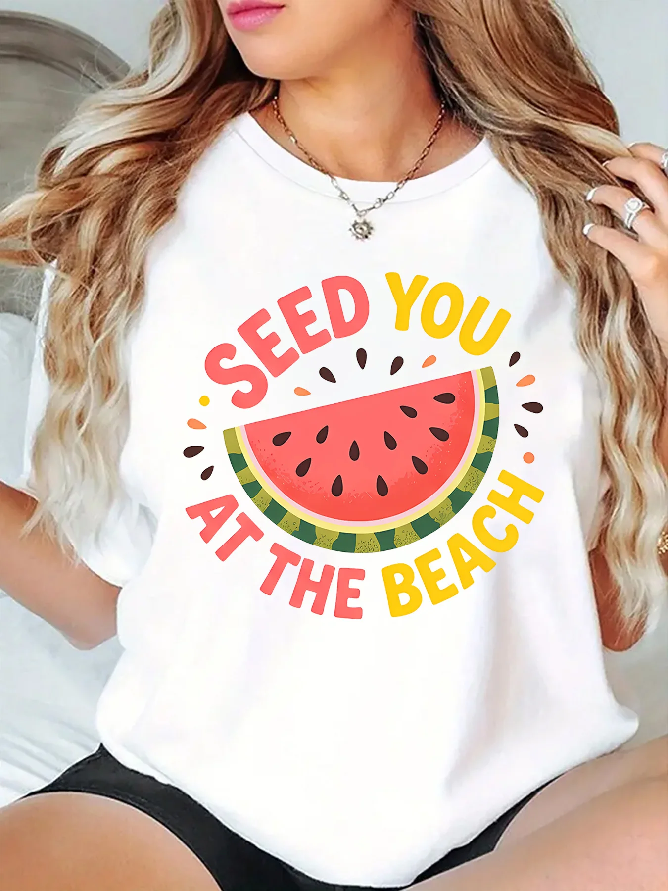 Seed You At The Beach Watermelon Fruit Graphic Womens T Shirt Short Sleeve Crew Neck Funny Summer Casual Daily Ladies Tee Tops