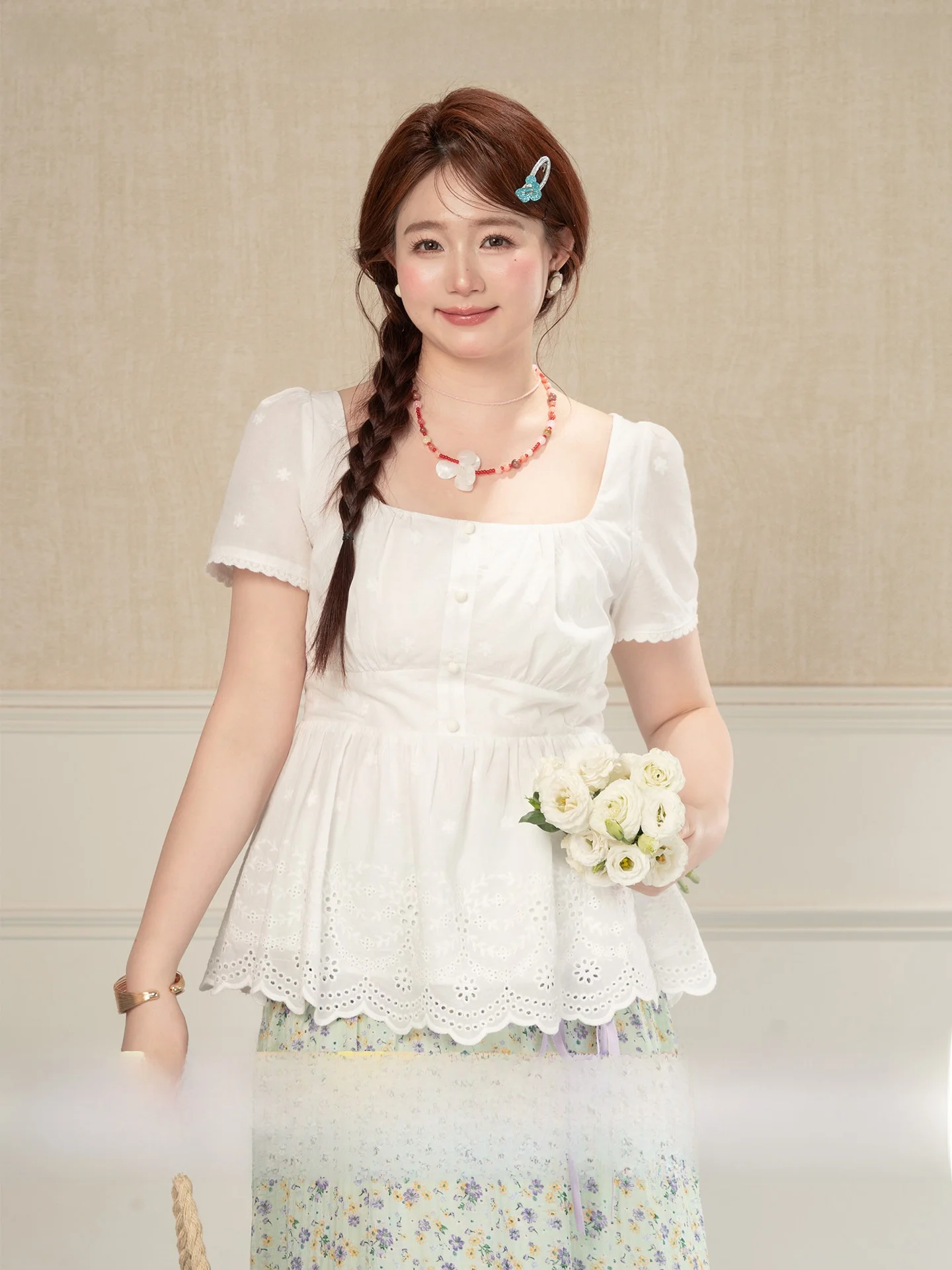 

Heynew Sweet Style Hollow out Square Collar plus Size Women's Shirt Summer Cotton Floral Print Casual Inner Wear Top