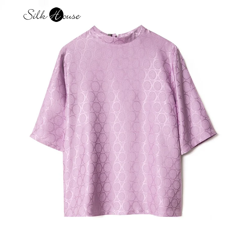 Purple 100% Natural Mulberry Silk Jacquard Satin Comfortable Simple Versatile Stand Up Collar Women's Mid Sleeve T-shirt