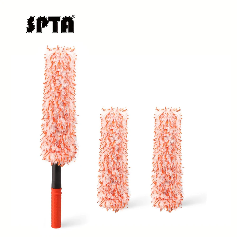 SPTA Microfiber Wheel Cleaning Brush Long Non-Slip Handle with 2 Interchangeable Microfiber Covers Bendable, Firm Rim Cleaner