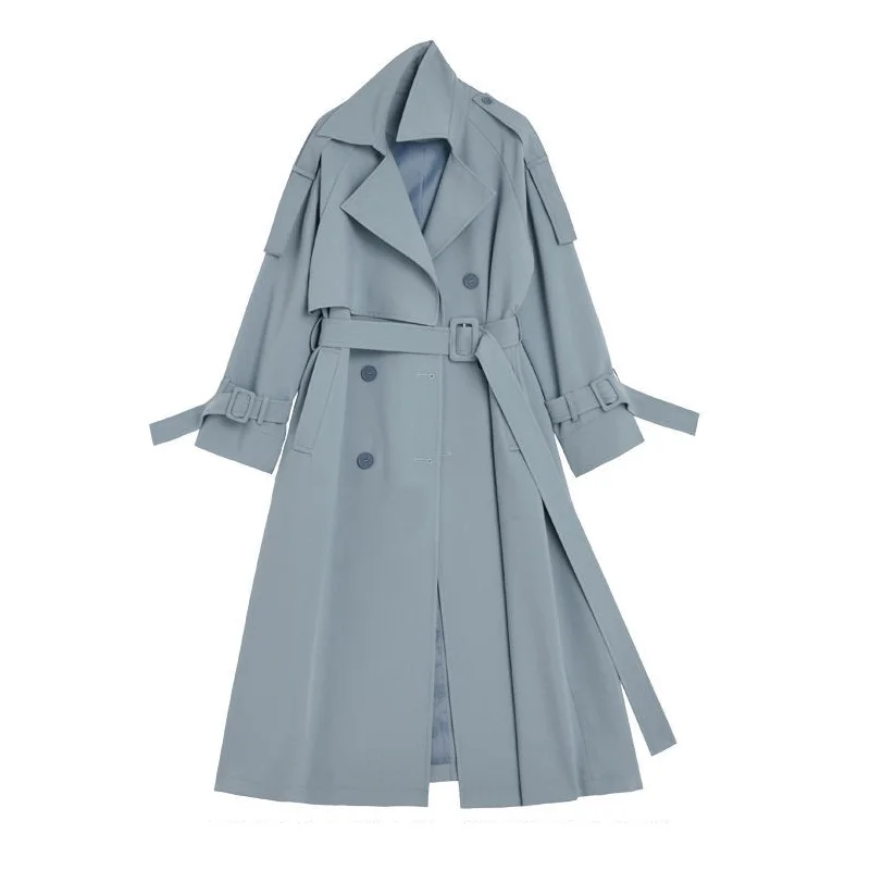 High Quality Women Mid Length Blue Trench Coat With Sashes Autumn Elegant Single-breasted Long-sleeve Female Windbreaker Outwear