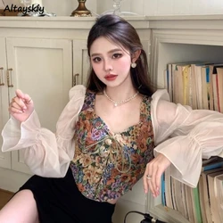 Crop Tops Blouses Women Lace-up Vintage Print Sexy Flare Sleeve Elegant French Style Slim Chic Streetwear Aesthetic Blusa Mujer