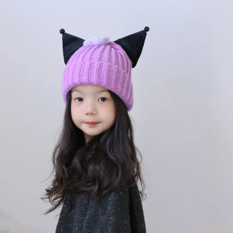 

Sweet Kuromi Anime Kawaii Sanrio Ins Children Warm Hats Winter Cute Cartoon Knitting Ear Muffs Cap Lovely Gifts for Kids