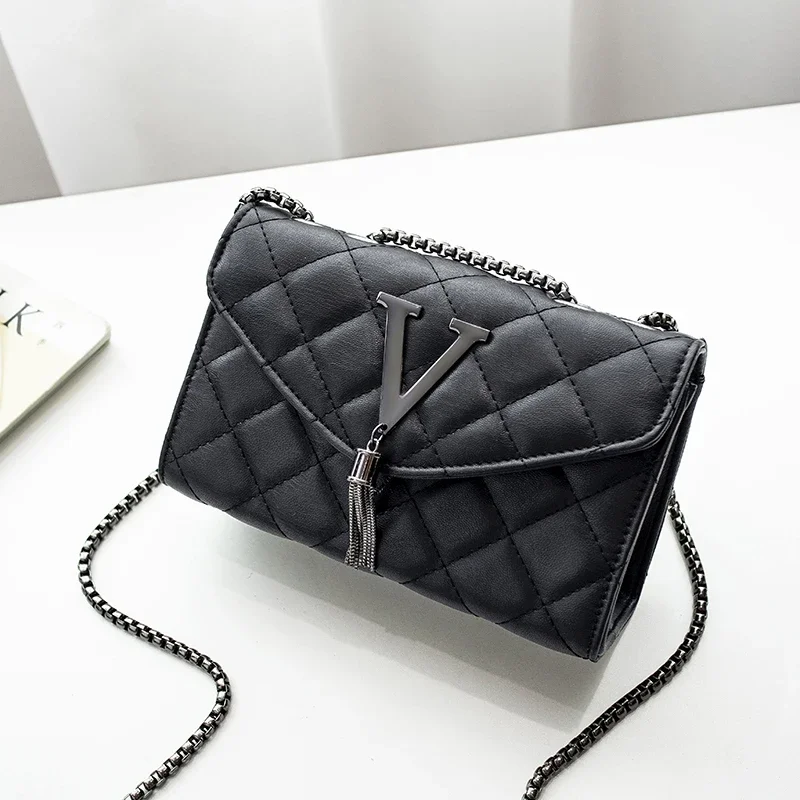 Black  Handbags And Purse Women PU Leather Messenger Shoulder Bag Plaid Female Crossbody Bag Tassel Quilted  Brand