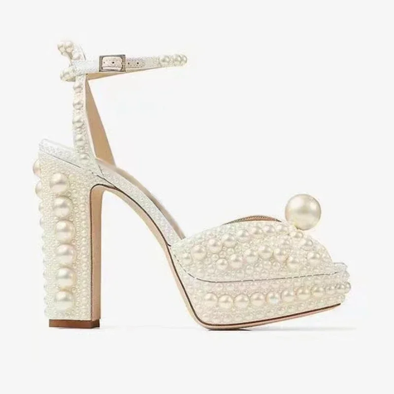 

Handmade Beaded Thick Heel Fish Mouth Sandals 35-41 High Heel Waterproof Platform Women's Shoes Wedding Dress Luxury Pearl