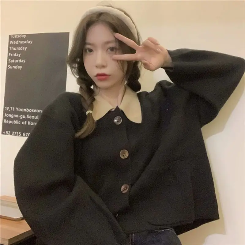 Trendy Korean personalized simple lapel knitted cardigan women 2024 spring autumn new loose lazy style high-end sweater jacket