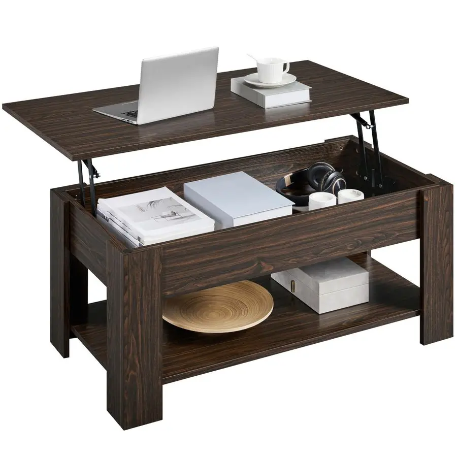

Lift Top Coffee Table with Hidden Compartment and Storage Shelf, Rising Tabletop Dining Table for Living Room Reception Room, 3