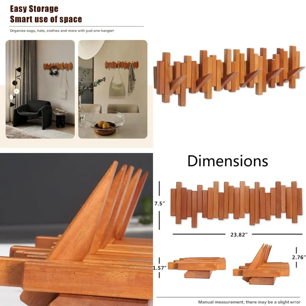 

Wall-Mounted Cherry Wood Coat Rack with 6 Flip-Down Hooks for Hats, Bags, and Umbrellas